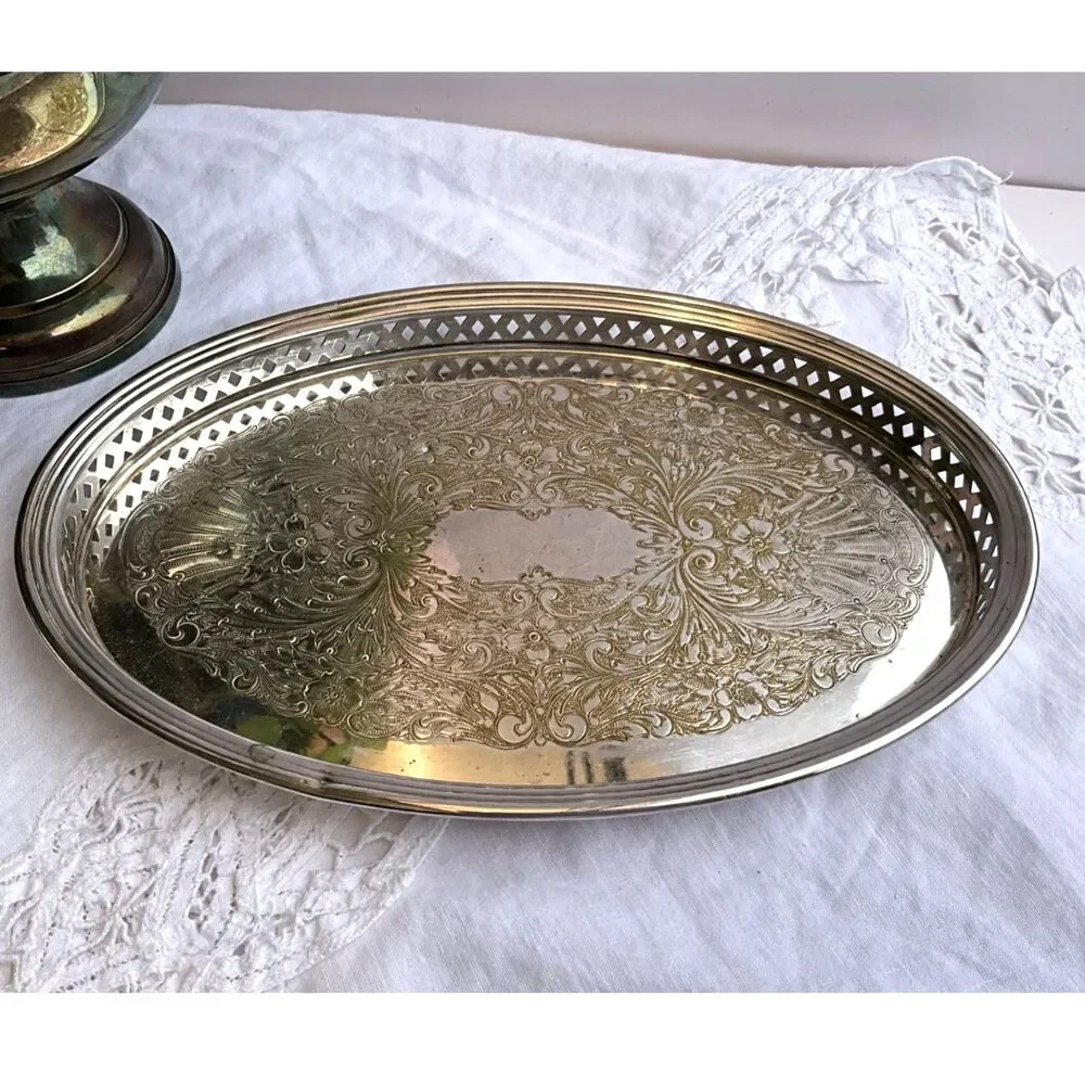 Sheffield Silver Co Vintage oval etched tray pierced sides beautiful